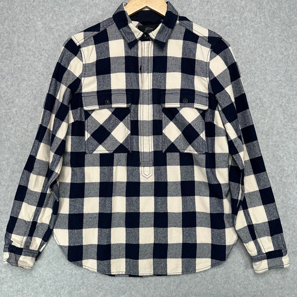 J Crew Plaid Flannel Shirt Jacket Half Zip Wool‎ Blend Navy Cream XS NEW